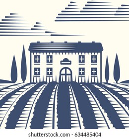 Retro landscapes vector illustration farm house agriculture graphic countryside scenic antique drawing.