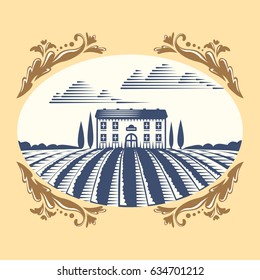 Retro landscapes vector illustration farm house agriculture graphic countryside scenic antique drawing.