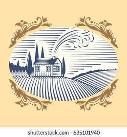 Retro landscapes vector illustration farm house agriculture graphic countryside scenic antique drawing.