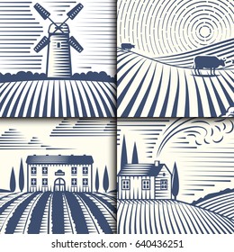Retro landscapes vector illustration farm house agriculture graphic countryside scenic antique drawing.