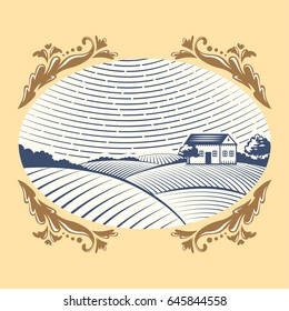 Retro landscapes vector illustration farm house agriculture graphic countryside scenic antique drawing.