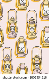 Retro lantern decoration. Traditional vintage camping light, festival oriental fabrics texture, seamless pattern in pink yellow colors. Gralming candle lamp illustration