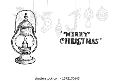 Retro lantern drawing sketch in engraved style for  merry christmas. Design vector illustration.