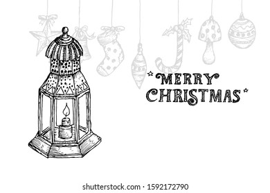 Retro lantern drawing sketch in engraved style for  merry christmas. Design vector illustration.