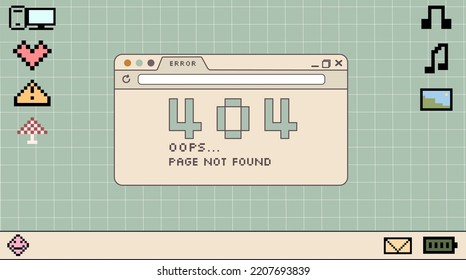 Retro laptop desktop with pixel icons and browser window with 404 error.  In trendy y2k retro style. Vector illustration.