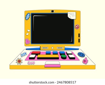 Portátil retro en estilo y2k de moda. Nostalgia de los años 2000, 90. Ilustración vectorial colorida de una computadora portátil adolescente cubierta con pegatinas.