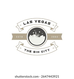 Retro Las Vegas logo.  Circular emblem, light beige ribbons, dark gray city silhouette,  with "Las Vegas" and "The Sin City" text.  Vintage style