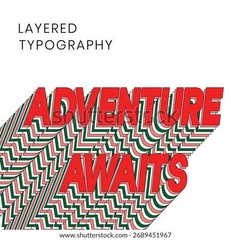 Retro layered typography with phrase "Adventure Awaits", colorful bold rounded text in vintage 70s-inspired style, motivational linear vector illustration isolated on white background