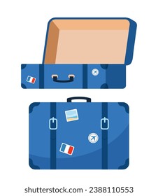 Retro leather suitcase with metal corners, belts and handle. Suitcase, open and closed. Vacation and travel concept. Vintage bag. Front view. Vector illustration