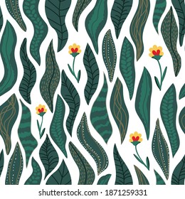 Hojas retro y flores vectan un patrón sin fisuras. Fiesta, alegre floral, hierbas forma fondo. Textura abstracta para envolver, papel pintado, textil, prospecto. Fondo de mosaico verde.