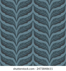 Retro leaves seamless pattern. Dark blue loral braid knit endless background. Foliage monochrome ornament repeat cover. Vector illustration.