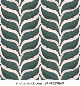 Retro leaves seamless pattern. Floral braid knit endless background. Foliage naive ornament repeat. Vector hand drawn illustration.