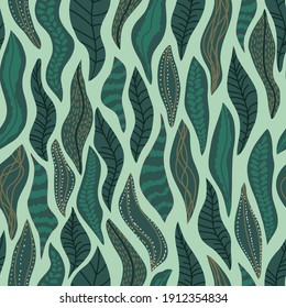 Retro leaves vector seamless pattern. Festive, merry floral, herbs shapes background. Abstract texture  for wrapping, wallpaper, textile,  leaflet. Green mosaic backdrop.