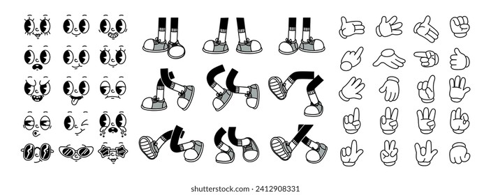 Retro leg, hand and face. Comic groovy hands in gloves, vintage legs and foot in shoes and funny emotion. Different poses arm and feet. Body parts mascot. Vector set. Emoji, body movements animation