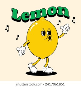 Retro Lemon with arms and legs. Yellow groove fruit. Vector illustration for juice, drink, lemonade