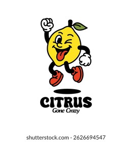 Retro Lemon Cartoon Mascot Vector, Funny Fruit Character with Wild Expression