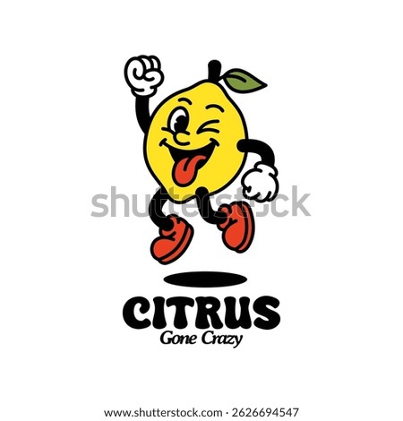 Retro Lemon Cartoon Mascot Vector, Funny Fruit Character with Wild Expression