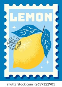 Retro lemon vertical poster styled as postage stamp with summer motif. Great for travel themed designs, fruit labels and seasonal decorative artwork. Vector illustration