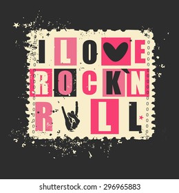 Retro letters "I love Rock`n Rock" on grunge postage stamp. vector illustration