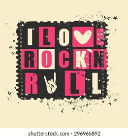 Retro letters "I love Rock`n Rock" on grunge postage stamp. vector illustration