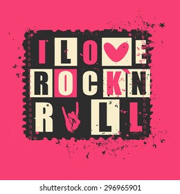 Retro letters "I love Rock`n Rock" on grunge postage stamp. vector illustration