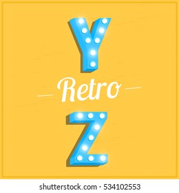 Retro letters with light bulbs. Alphabet, with shiny lightbulbs. Retro typography