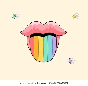 Retro lgbt lips, half-open mouth, rainbow tongue sticking out. Vintage groovy pink lips, mouth with lgbt flag on tongue. Pop art style illustration. Vector cartoon illustration.