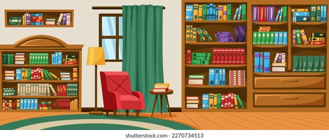 Retro library interior. Reading books. Wooden shelves for literature. Carpet and ladder. Luxury antique office. Armchair and bookcase. Bookshelf in house. Vector garish cartoon background