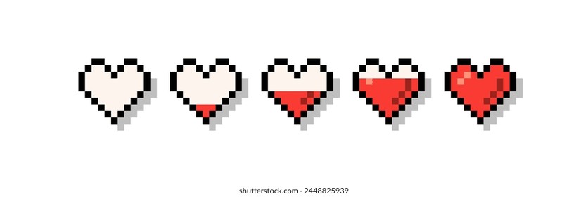 Retro life bar animation. Pixel art heart for 8 bit game health bar, hearts icons for love level scale vector set