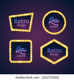Retro light banner billboard illustration. Bulb neon show sign. Advertising signboard background template. Retro neon vintage frame border.