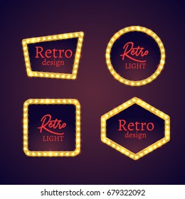 Retro light banner billboard illustration. Bulb neon show sign. Advertising signboard background template. Retro neon vintage frame border