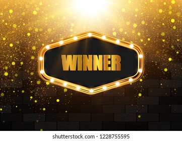 Retro light banner. Vector frame. Winner background with gold glitter texture.