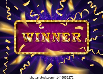 Retro light banner. Vector frame. Winner background with color gold glitter texture.