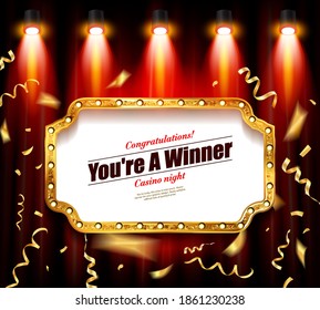 Retro light banner. Vector frame. Winner background with gold glitter texture.