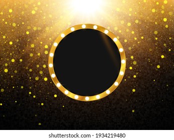 Retro light banner. Vector frame. Background with gold glitter texture.