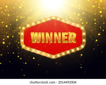 Retro light banner. Vector frame. Winner background with gold glitter texture.