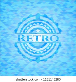 Retro light blue emblem with triangle mosaic background