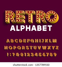 Retro light bulb alphabet font. 3D letters with light bulbs and long shadows. Vector typescript for your design.