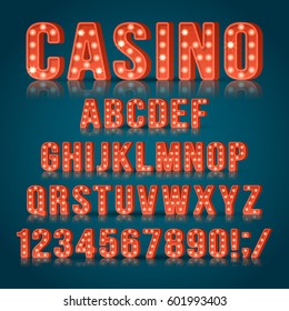 Retro light bulb alphabet letters and numbers for casino sign design. Realist vector illustration