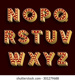 Fuente del vector alfabético de bombillas retro. Parte 2 de 3. N - Z.
Letras de tipo 3D con sombra en un fondo oscuro.