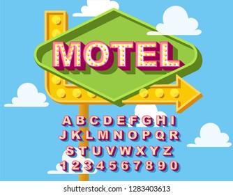 Retro light bulb bright alphabet. Vector of modern bold font and alphabet. Vintage Alphabet vector. Retro Chiseled Vector Font. Neon abc and numbers for cinema or nightclub. Shiny bright lights