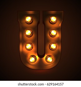 Retro light bulb font. Metallic letter U