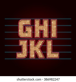 Retro Light Bulb Font. Vector Realistic Lamps Alphabet From G To L