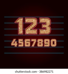 Retro Light Bulb Font. Vector realistic lamps numbers from 0 to 9