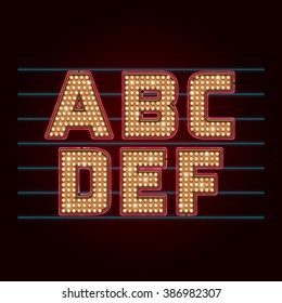 Retro Light Bulb Font. Vector Realistic Lamps Alphabet From A To F