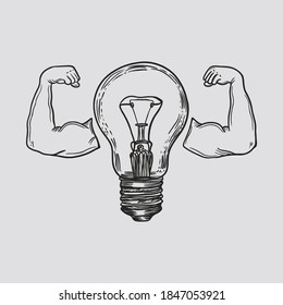 Retro light bulb with hand biceps vintage hand drawn black and white on light background
