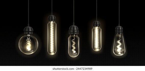 Retro light bulb lamp. Vintage edison filament vector. Realistic electric led glass incandescent design with white glow hang on wire. 3d different saving power technology for trendy loft interior