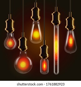 Retro light bulb set. Isolated realistic decorative glowing retro light bulbs hanging on wire on dark background. Vintage different shape incandescent filament Edison lamp collection