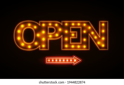 Retro light bulb signboard open with arrow. Light bulbs vintage neon glow frame vector.