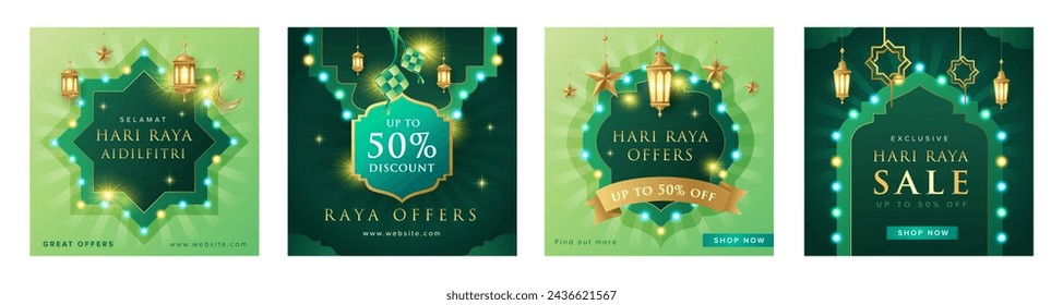 Retro light bulb style raya design template for social media posting. Green Raya sale design with golden islamic elements templates collection.